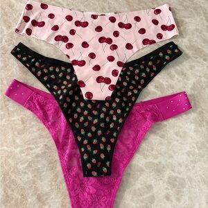 PINK Victoria's Secret Cherry and Strawberry Thong Trio-Size Medium
